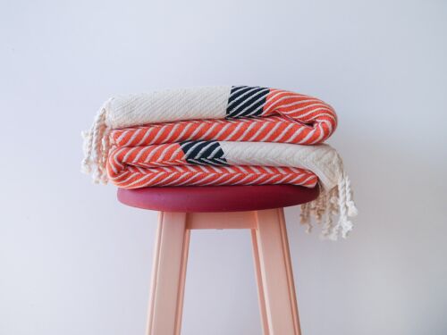 HERRINGBONE  Two coloured Handwoven Cotton Throw - Orange & Navy Stripe