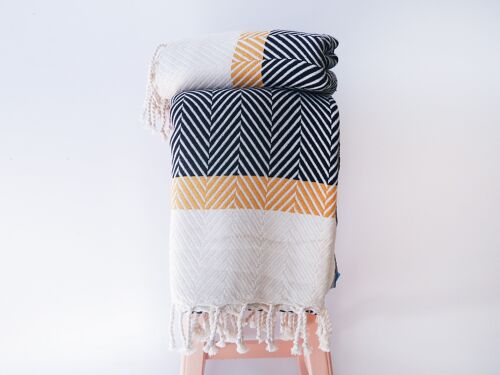 HERRINGBONE  Two coloured Handwoven Cotton Throw - Black & Yellow Stripe