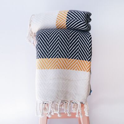 HERRINGBONE  Two coloured Handwoven Cotton Throw - Black & Yellow Stripe