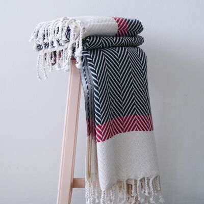 HERRINGBONE  Two coloured Handwoven Cotton Throw - Dark Green & Red Stripe