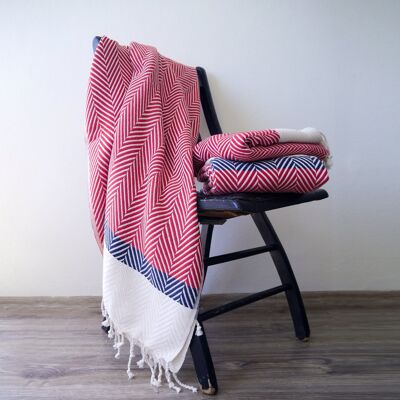 HERRINGBONE  Two coloured Handwoven Cotton Throw - Red & Navy Stripe