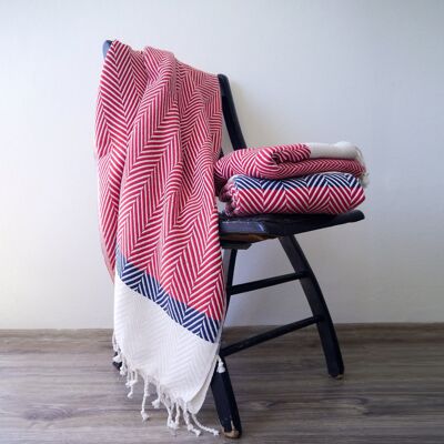 HERRINGBONE Two coloured Handwoven Cotton Throw - Red & Navy Stripe