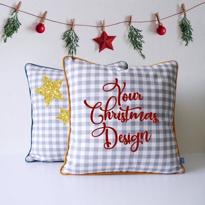 Personalised Plaid Pattern Christmas Cushion - Grey Plaid - Orange Piping - Cover + Inner
