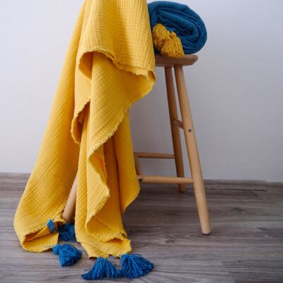 Manta para sofá de algodón y muselina BOHO - Amarillo mostaza