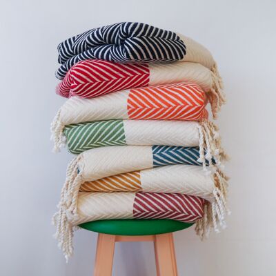 HERRINGBONE  Handwoven Cotton Throw Blanket - Navy