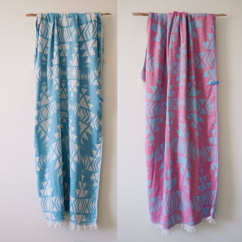 AZTEC Beach Towel & Peshtemal - Blue & Pink