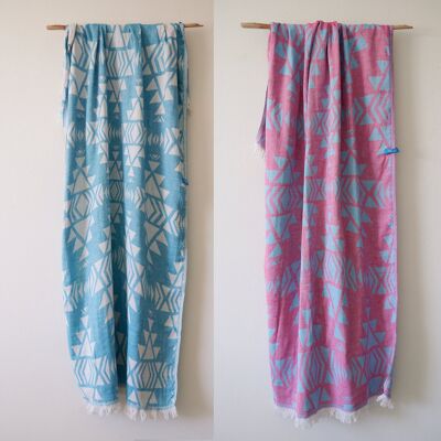 AZTEC Beach Towel & Peshtemal - Blue & Pink