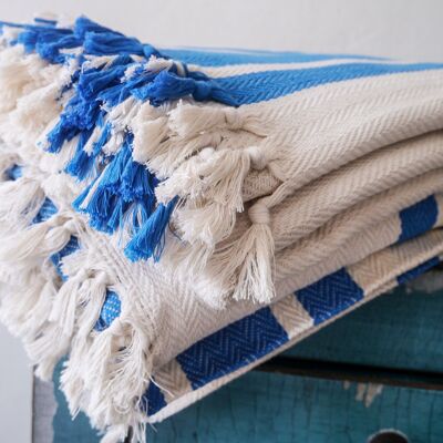 Überwurfdecke aus 100 % weicher Baumwolle – blau gestreift