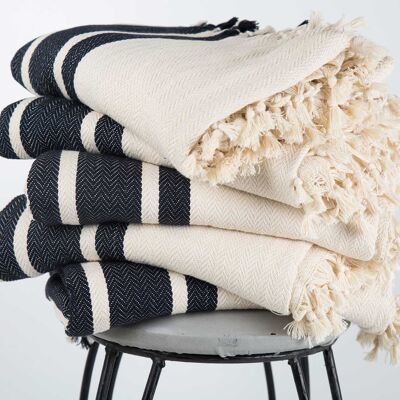 100 % Soft Cotton, Queen Size Blanket - Navy Striped