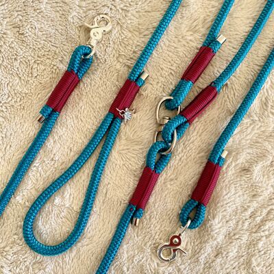 Laisse double shikoku - aqua & burgundy