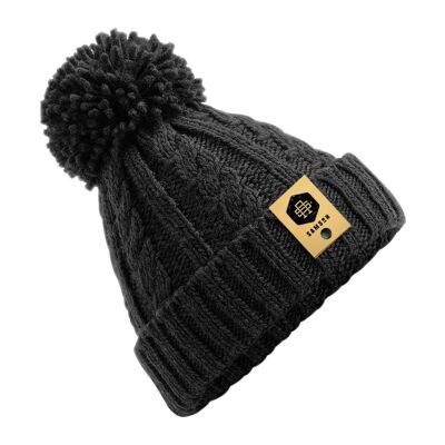 Cable Knit POM POM Beanie - Black