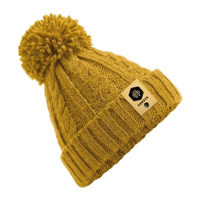 Gorro de punto de cable con POM POM - Mostaza