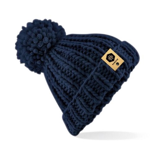 Heavy Knit Pom Pom Beanie - Navy