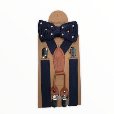 Dark blue suspenders with dark blue knitted bow tie with pink dots