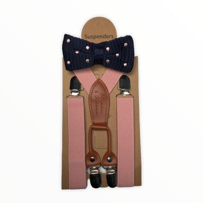 Pink suspenders with dark blue knitted bow tie with pink dots