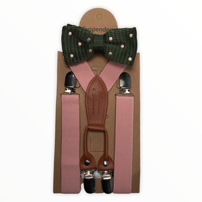 Pink suspenders with green knitted bow tie with pink dots