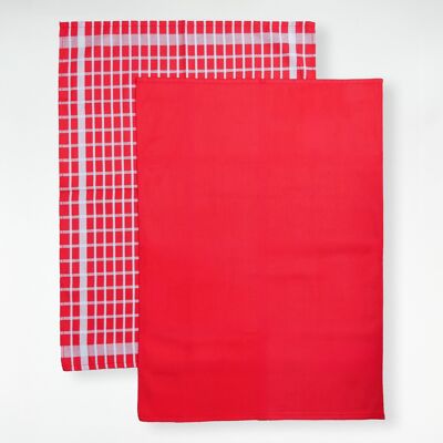 Duo assorted two-tone red checkered tea towels 50 x 70