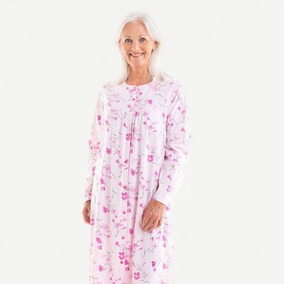 Louise Langarm-Nachthemd aus Baumwolljersey mit Knöpfen vorn Elfenbein