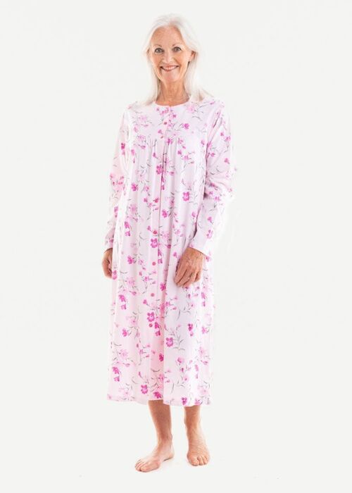 Louise Long Sleeve Front Button Jersey Cotton Nightie Pink