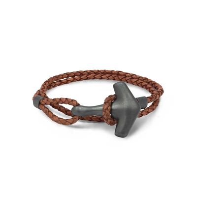 Arch hammer bracelet – oxid silver & double brown leather