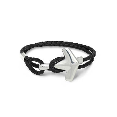 PULSERA ARCH HAMMER - PLATA Y CUERO NEGRO DOBLE