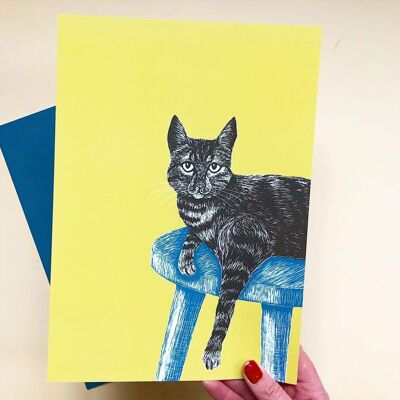 Poster | Katze auf Hocker (gelb)