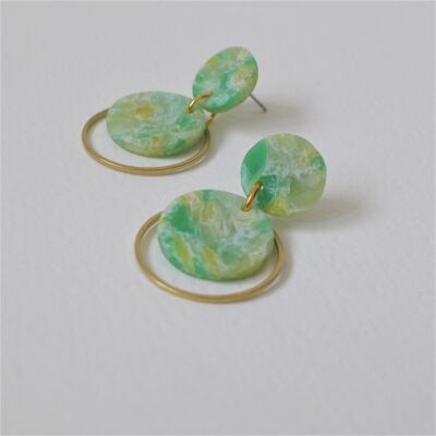 Green Marble Drop Earrings with Brass Ring