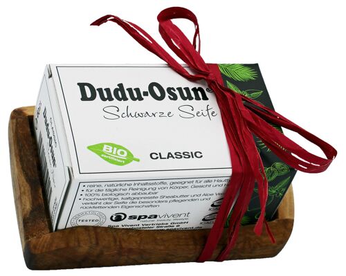 Dudu-Spezial Set, Dudu Osun® Classic 150g + Olivenholz-Seifenschale rustikal eckig
