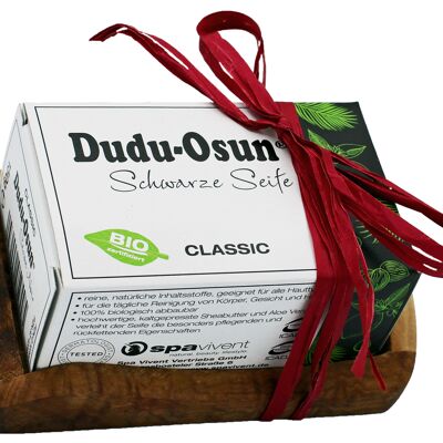 Dudu Special Set, Dudu Osun® Classic 150g + porte-savon en bois d'olivier, rustique, angulaire