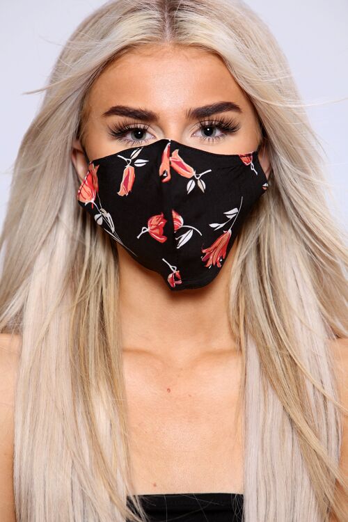 Black flower print facemask