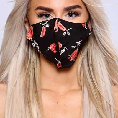 Black flower print facemask