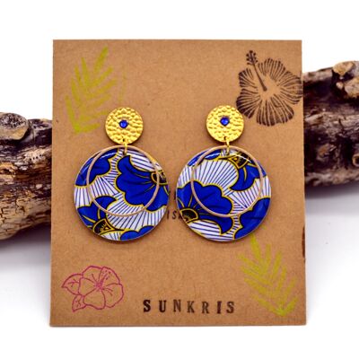 Boucles d'oreilles wax en bois et papier résiné bleu doré cadeau fêtes des mères