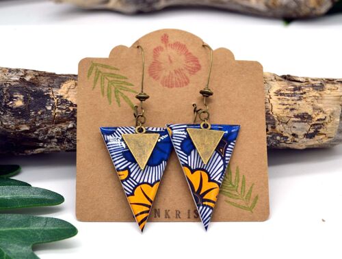 Boucles d'oreilles ethnique triangle papier wax africain fleur jaune bleu bronze