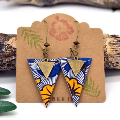 Boucles d'oreilles ethnique triangle papier wax africain fleur jaune bleu bronze