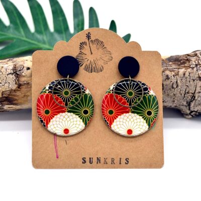 Japanese pattern paper earrings Seigaiha flower red green white black