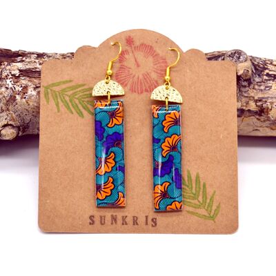 Ethnic wooden rectangular earrings in floral wax paper ginkgo biloba orange blue