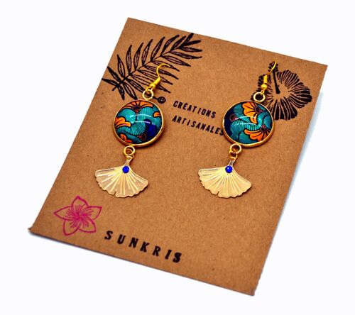 Boucles d'oreilles ethniques wax fleurs ginkgo orange et bleu bijoux dorés a l'or fin fête des mères