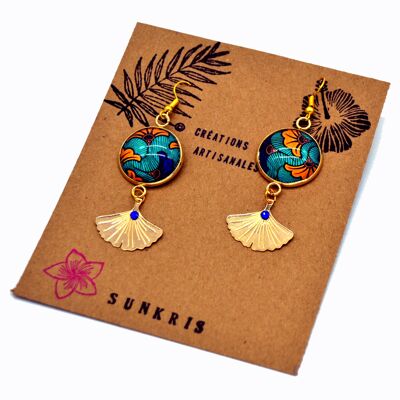 Orecchini etnici in cera con fiori di ginkgo arancioni e blu, gioielli placcati in oro pregiato, gioielli da sposa