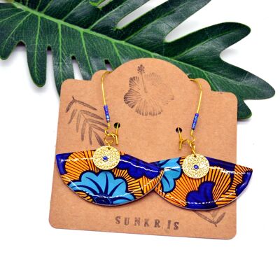 Lever-back earrings fan printed wax paper flower mustard yellow blue and gold