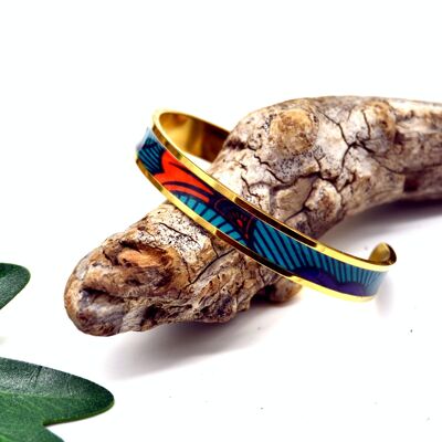 Bracelet jonc manchette motif wax ethnique fleur de mariage or bleu orange cadeau