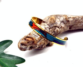 Bracelet jonc manchette motif wax ethnique fleur de mariage or bleu orange cadeau 1