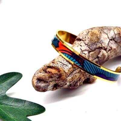 Bracelet jonc manchette motif wax ethnique fleur de mariage or bleu orange cadeau