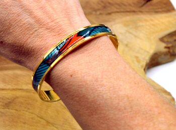 Bracelet jonc manchette motif wax ethnique fleur de mariage or bleu orange cadeau 2