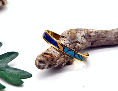 Bracelet jonc manchette motif wax ethnique fleur de mariage bleu, jaune, or fin