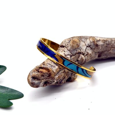 Ethnic wax pattern cuff bangle bracelet wedding flower blue, yellow, fine gold
