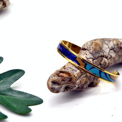 Bracelet jonc manchette motif wax ethnique fleur de mariage bleu, jaune, or fin