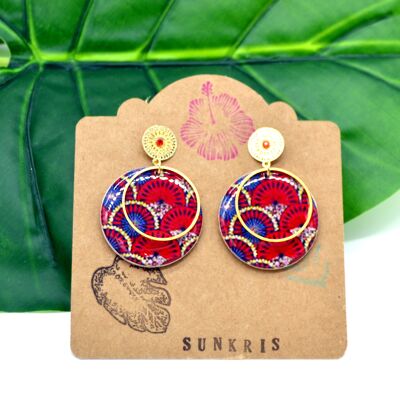 Japanese red blue gold wood and resin paper earrings