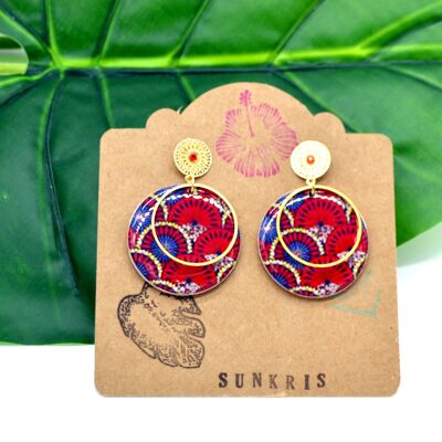Japanese red blue gold wood and resin paper earrings