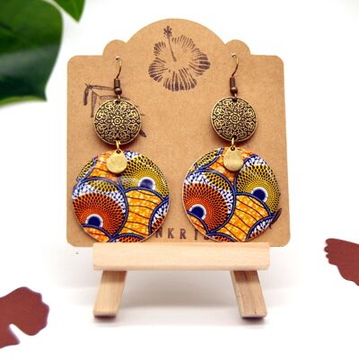 Boucles d'oreilles wax africain rondes papier et résine orange vert marron