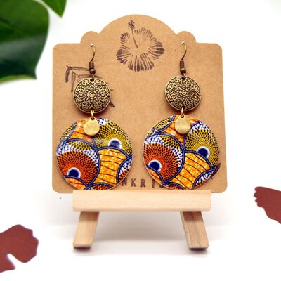 Round African wax earrings paper and orange green brown resin